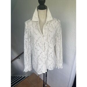BTFBM Women's Floral Lace Button Down Blouse  Ivory Medium Scalloped Cuff Detail